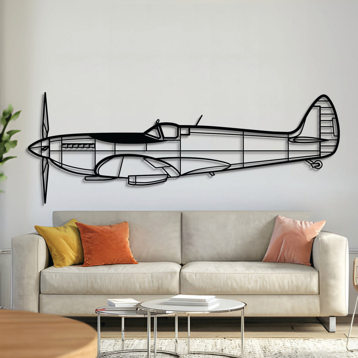 Spitfire Mk IX WWII fighter aircraft metal wall art – laser-cut matte black steel silhouette
