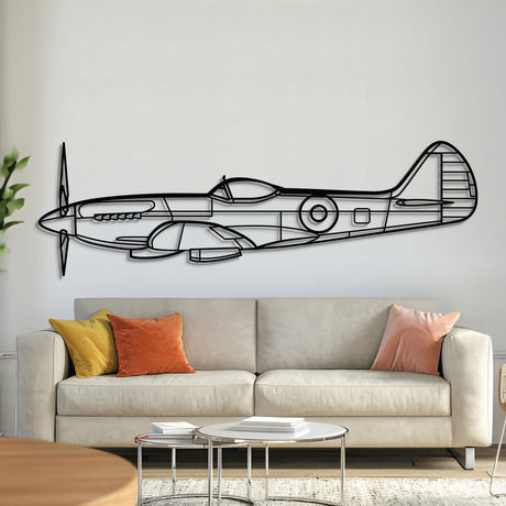 Spitfire Mk XIV WWII fighter jet metal wall art – laser-cut matte black steel silhouette