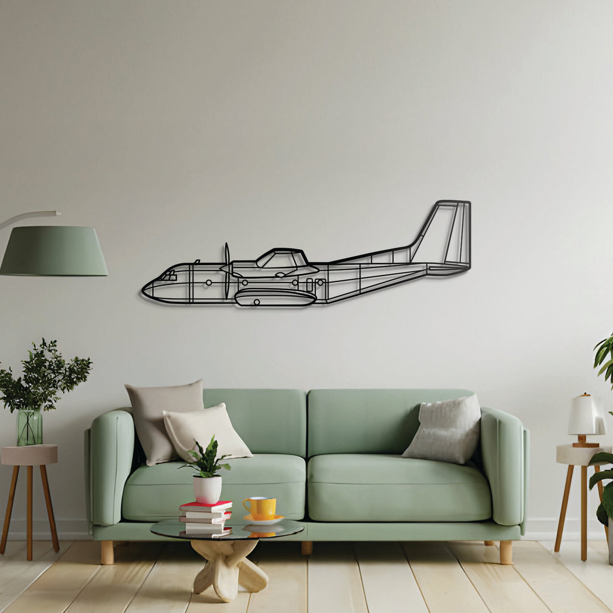 Minimalist Transall C-160 airplane metal wall art — elevated from wall by spacers for modern floating design