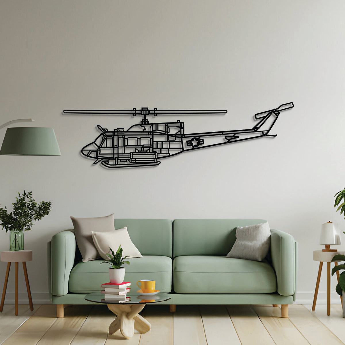 2 mm steel UH-1N Huey wall art, laser-cut texture with 1 cm off-wall lift for 3D effect