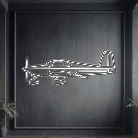 Van’s RV‑10 kitplane neon silhouette wall art, laser‑cut steel with glowing neon outline and bold 3D elevation