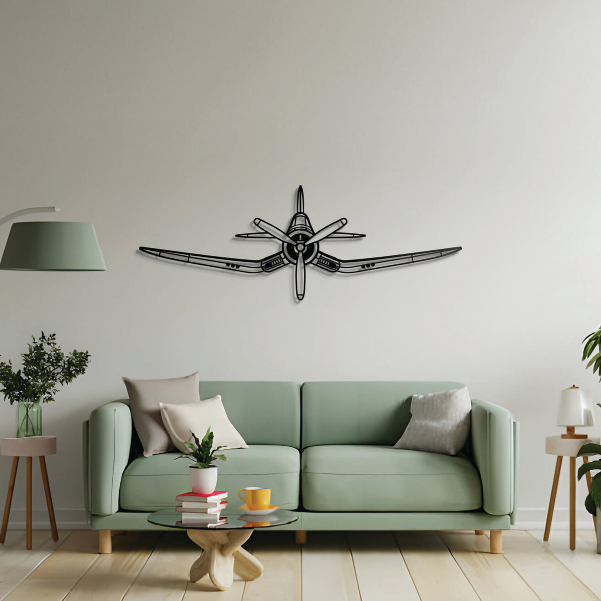 F4U Corsair front fighter jet wall art – black steel silhouette with floating 3D shadow design, perfect for avgeeks