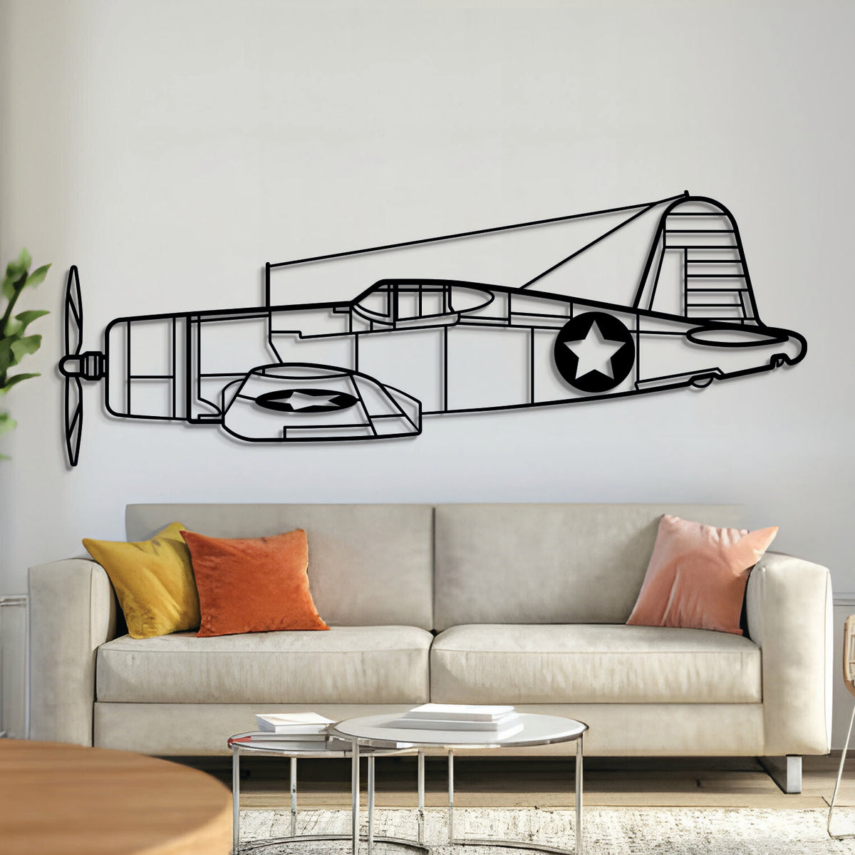F4U Corsair metal aircraft wall art – laser-cut steel silhouette with matte textured finish and 3D floating effect