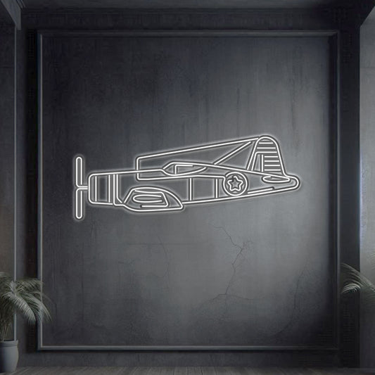F‑4U Corsair neon silhouette wall art, laser‑cut steel with inverted gull-wing profile and dynamic neon glow