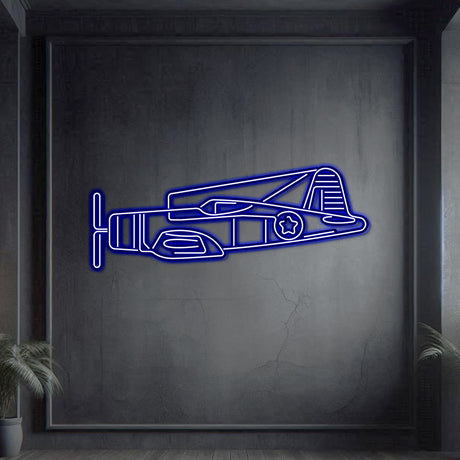 Neon-lit F‑4U Corsair silhouette, textured matte steel with floating neon frame for impressive 3D depth