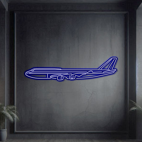 Sleek 747-800 neon wall art, laser-cut matte-coated steel with stylish 3D floating presence